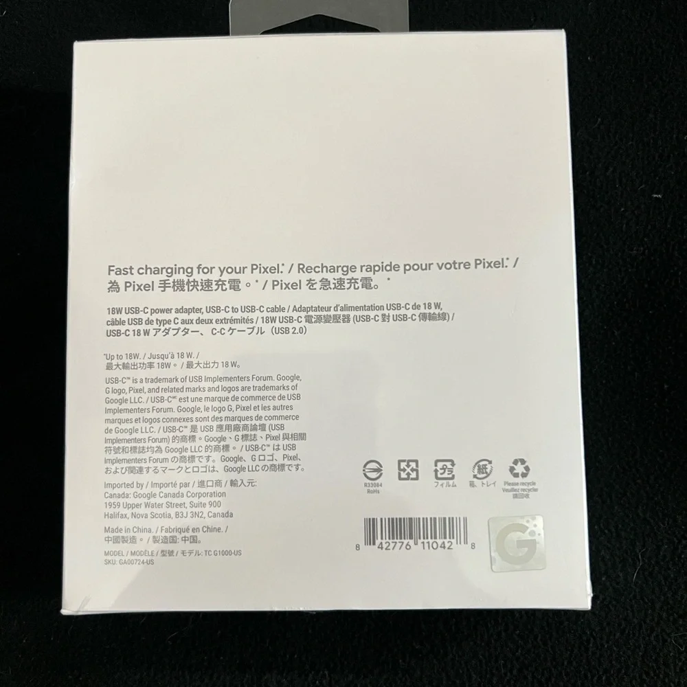 Google 18W USB-C Power Adapter & cable USB-C New Inbox for charging Google Pixel